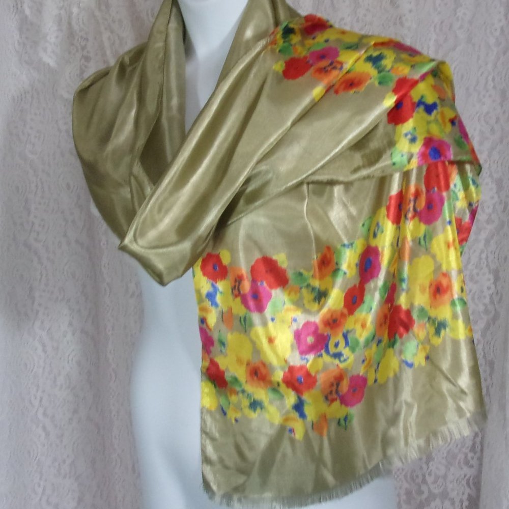Oblong Scarf Multi Colored Floral Border on Beige NWOT